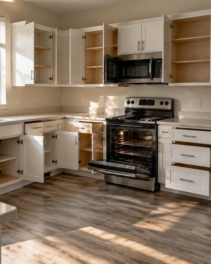 An empty rental kitchen with bare wiped shelves and cabinet doors standing open